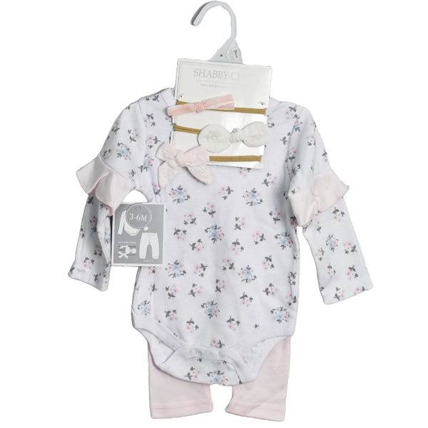 Pink/Floral Long Sleeve Bodysuit with Ruffles, Pants, and 3PK Headband Baby Apparel Set Shabby Chic C/P 48