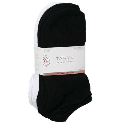 10pk LADIES BLK/WHT LOW CUT SOCKS SIZE 4-10 TARYN ROSE C/P 48