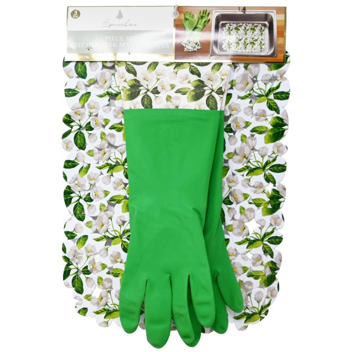 3pc Wht Fl Kitchen Mat Sil Glove Set C/P 24