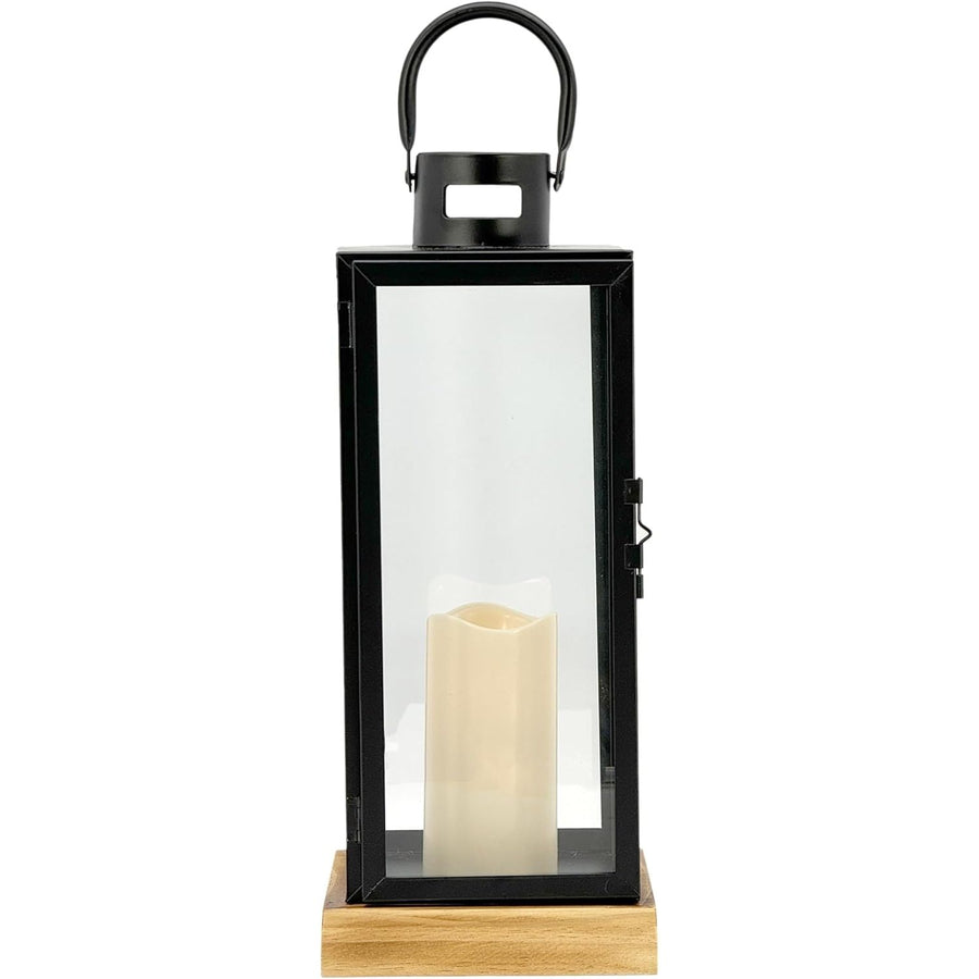 12.6" Black Metal Frame LED Candle Lantern wGlass Panels & Wooden Base C/P 6