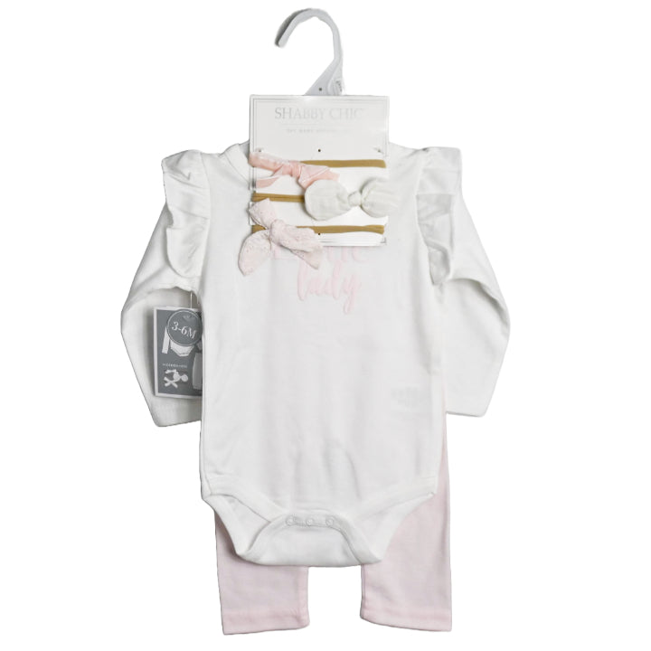White/PK/Floral Long Sleeve Bodysuit with Shoulder Ruffle, Pants, and Bow Headband Baby Apparel Set C/P 48