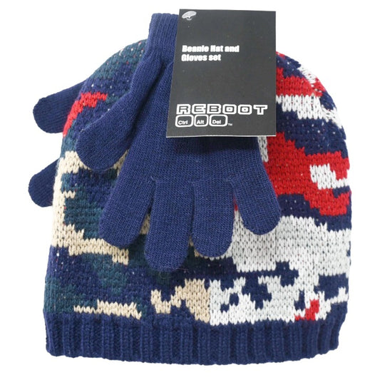 2pc Boys Red Gray Camo Hat Glove Set C/P 24