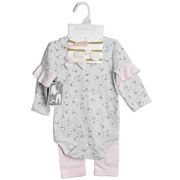 Pink/Light Blue/Floral Long Sleeve Bodysuit with Ruffles, Pants, and 3PK Headband Baby Apparel Set Shabby Chic C/P 48