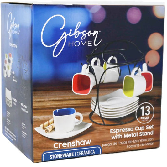 Gibson Home 13pc Espresso & Saucer Set w/Metal Stand Crenshaw Stoneware CB C/P 4