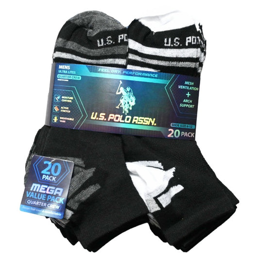 20pk MEN BLK NC QTR SOCKS U.S. POLO ASSN. ASST COLORS SIZE 6-12 C/P 48