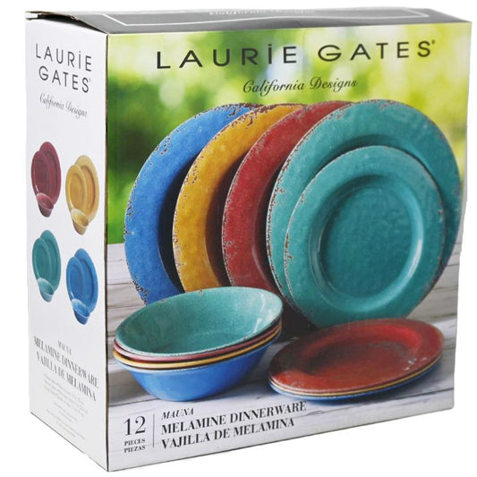 12pc LG MAUNA 4-ASST COLOR CRACKLE LOOK DECAL MELAMINE DINNERWARE SET C/P 1