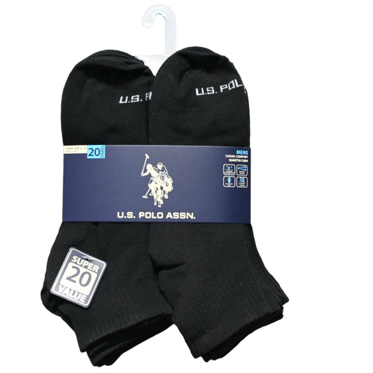 20pk MEN BLK NC QTR SOCKS U.S. POLO ASSN. SIZE 6-12 C/P 48