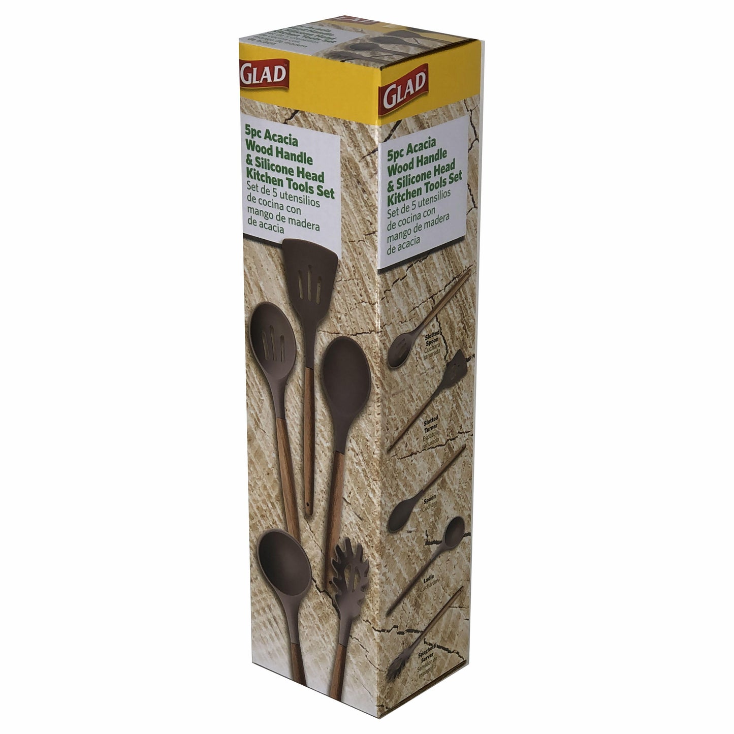 5pc GLAD ACACIA WOOD KITCHEN TOOLS W/SILICONE HEAD C/P 6