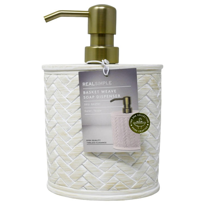 CREAM RESIN BASKET WEAVE DESING SOAP DISPENSER W/PUMP REAL SIMPLE C/P 18