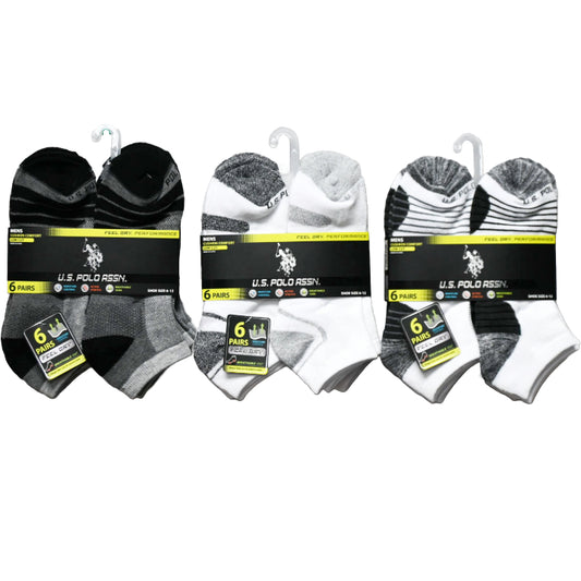6pk MEN'S WHITE L/C CUSHION SOCKS SIZE 6-12 U.S. POLO ASSN. 3-ASST STYLES C/P 48