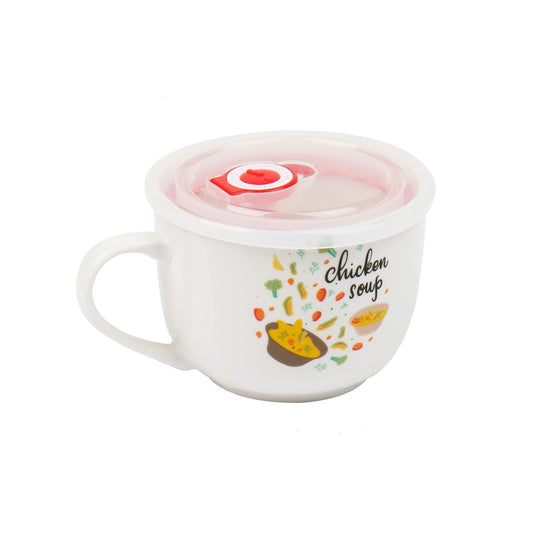 16oz "CHICKEN SOUP" CERAMIC SOUP MUG W/VENTED LID AND DAY DOT C/P 36