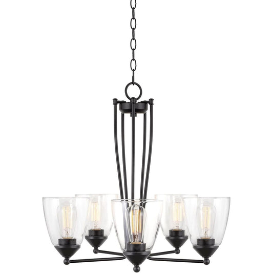 Charleston 24" 5-Light Modern Industrial Chandelier + Clear Bell Glass Shades, Classic Black Finish C/P 1