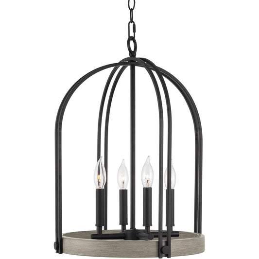 Sinclair 22" 4-Light Farmhouse Pendant Light, Foyer Chandelier, Gray Oak Wood Style + Sandblasted Black Finish C/P 1