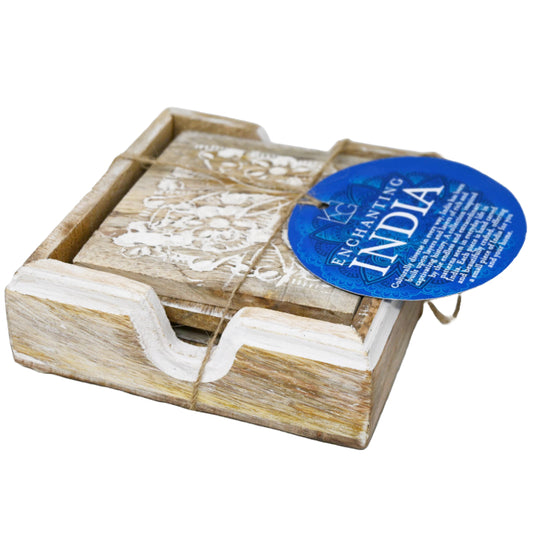 4pc 4.5x4.5x1.5 Wood wWhite Floral Carved Coaster Set C/P 36