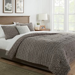 3pc RUCHED FAUX FUR GREY FULL/QUEEN COMFORTER SET C/P 1