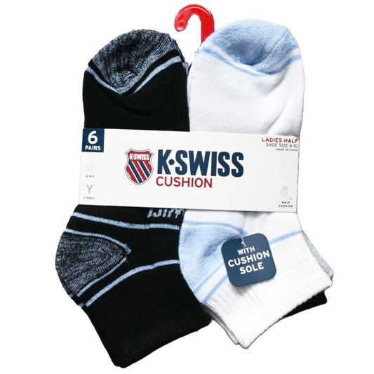 6PK 9-11 LADIES HF CUSH QTR SOCKS K-SWISS C/P 36