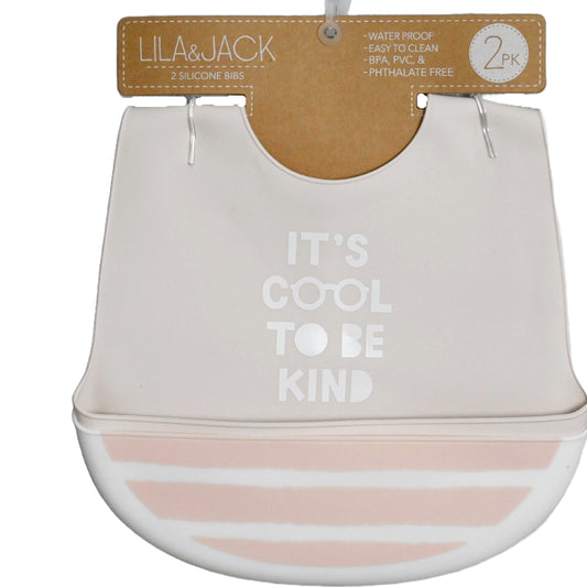2PC Silicone Bibs - Beige "It's Cool To Be Kind" & Pink Think Stripes C/P 60