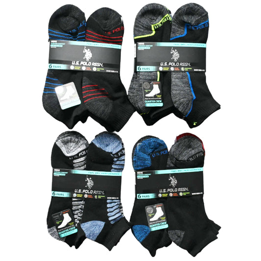 6pk US POLO ASSN MEN QTR CUSHION SOCKS BLK ASST STYLES SIZE 6-12 C/P 48