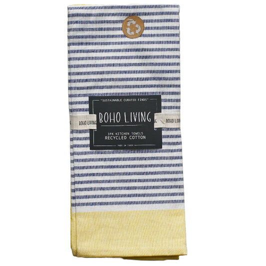 18x28" Blue and Yellow Set of 3 Striped Textured Weave Kitchen Towels C/P 36
