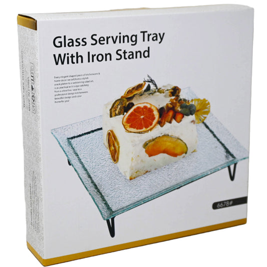 10.23" GLASS SERVING TRAY W/METAL STAND C/P 8