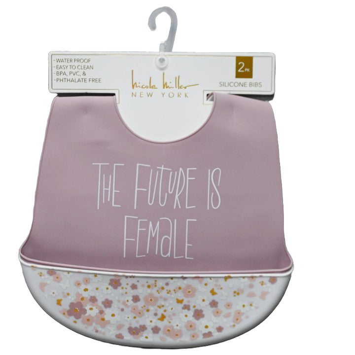 2pc Mauve"The Future Is Female" & Floral Print Silicone Bibs Nicole Miller C/P 60