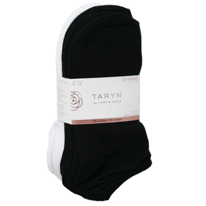 10pk LADIES BLK/WHT LOW CUT SOCKS SIZE 4-10 TARYN ROSE C/P 48