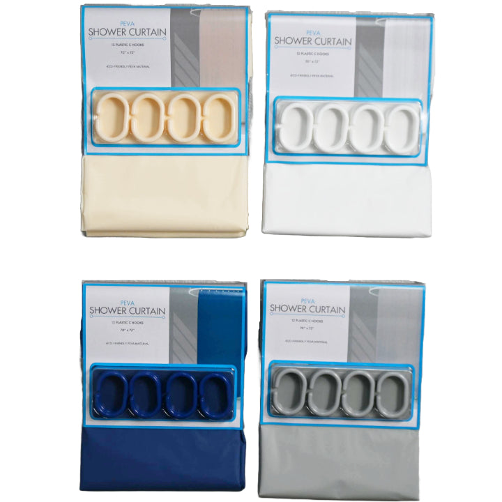 70" X 72" SOLID SHOWER CURTAIN W/C-HOOKS 4-ASST C/P 24
