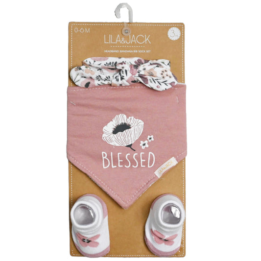 3 Piece Mauve and Floral with "Blessed" Set: Headband, Bandana Bib, and Pairs of Socks C/P 36