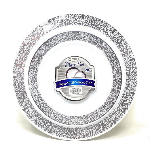 Chef Delicious PLATE SET, 20PC WHITE W/SILVER LACE C/P 12