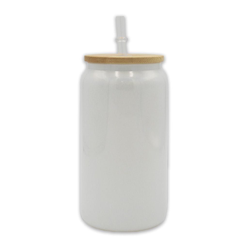 16oz White Metallic Frosted Glass Tumbler w/Bamboo Lid and Straw (No Label or UPC) C/P 25