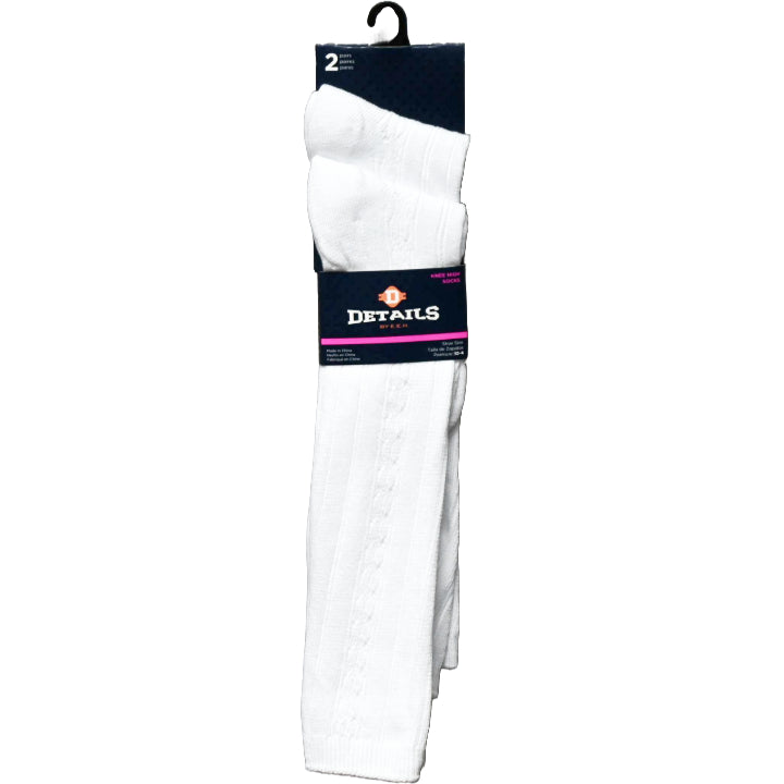 2pk WHT GIRLS DETAILS CABLE KNIT KNEE SOCKS SIZE 6-8 C/P 60