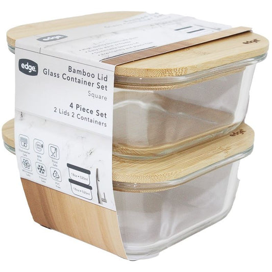 2pc 18oz STACKED SQUARE GLASS CONTAINER W/BAMBOO LID C/P 6