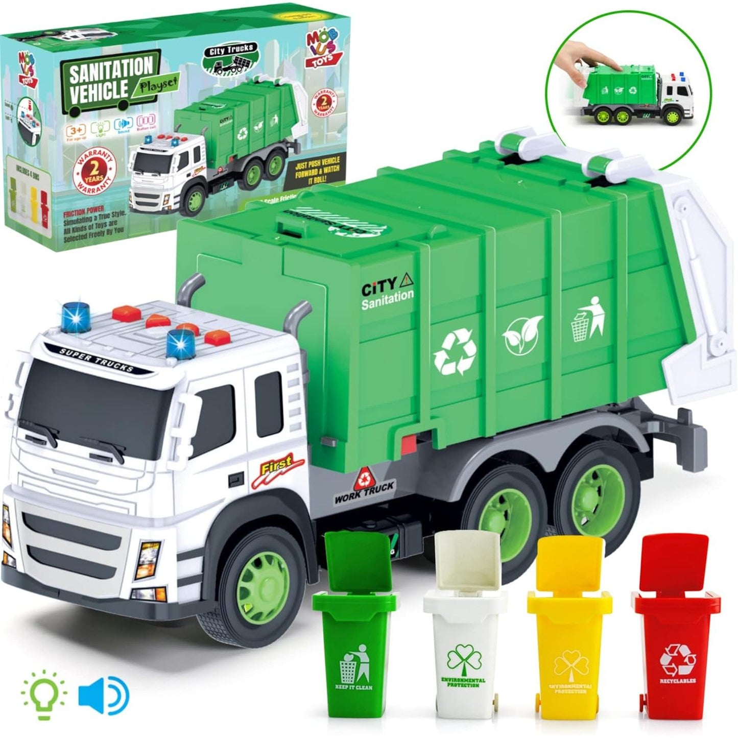 Garbage Truck Toy - Large 1:12 Scale w/Sounds, Lights & 4 Trash Cans C/P 8