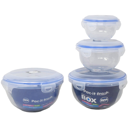 3pc RND. PLASTIC FOOD STORAGE BOWL CONTAINER SET PAC-IT FRESH C/P 24