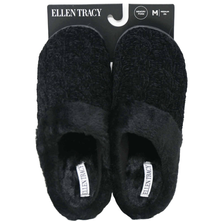 S-XL WOMEN BLK CHENILLE KNIT SLIPPER W/FAUX FUR COLLAR C/P 18