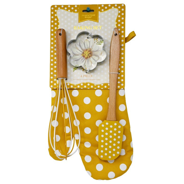 4pc Polka Dotted Baking Set with Spatula, Whisk, Oven Mitt and Cookie Cutter C/P 24