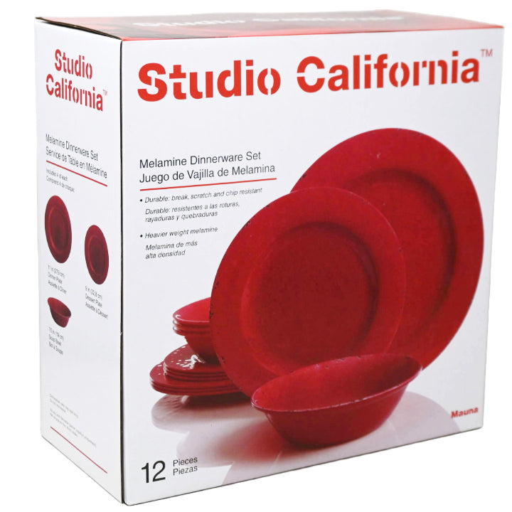 12pc LG MAUNA RED DECORATED MELAMINE DINNERWARE SET C/P 1
