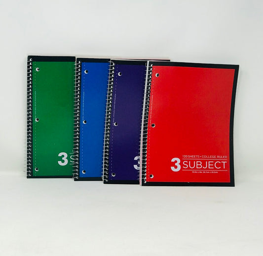 120 SHEET THREE SUBJECT NOTEBOOK, 10.5"X8" C/P 36