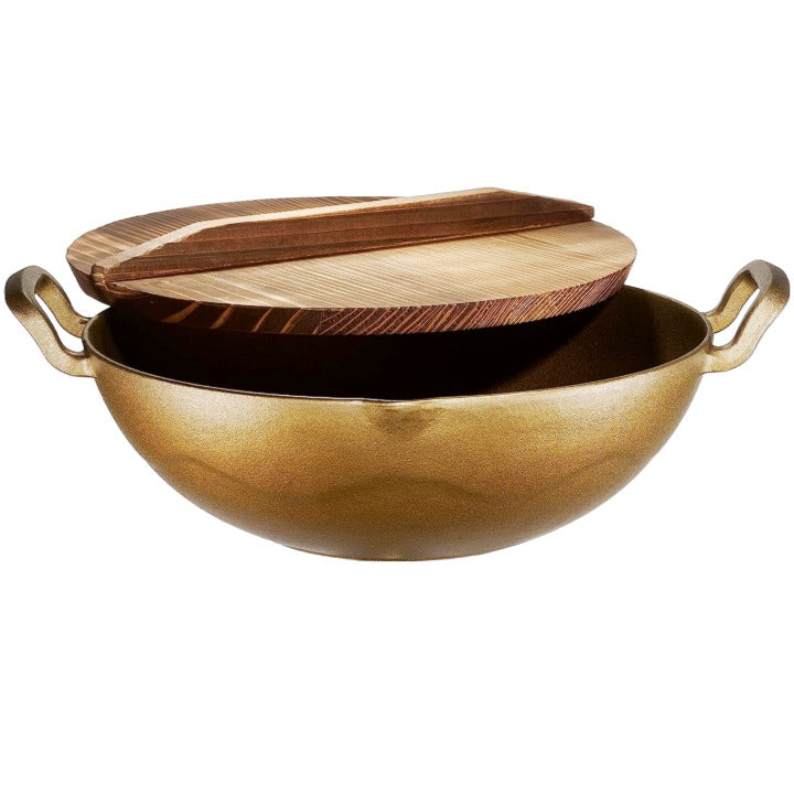 12" KLEE COPPER CAST IRON WOK PAN W/WOOD LID AND HANDLES C/P 2