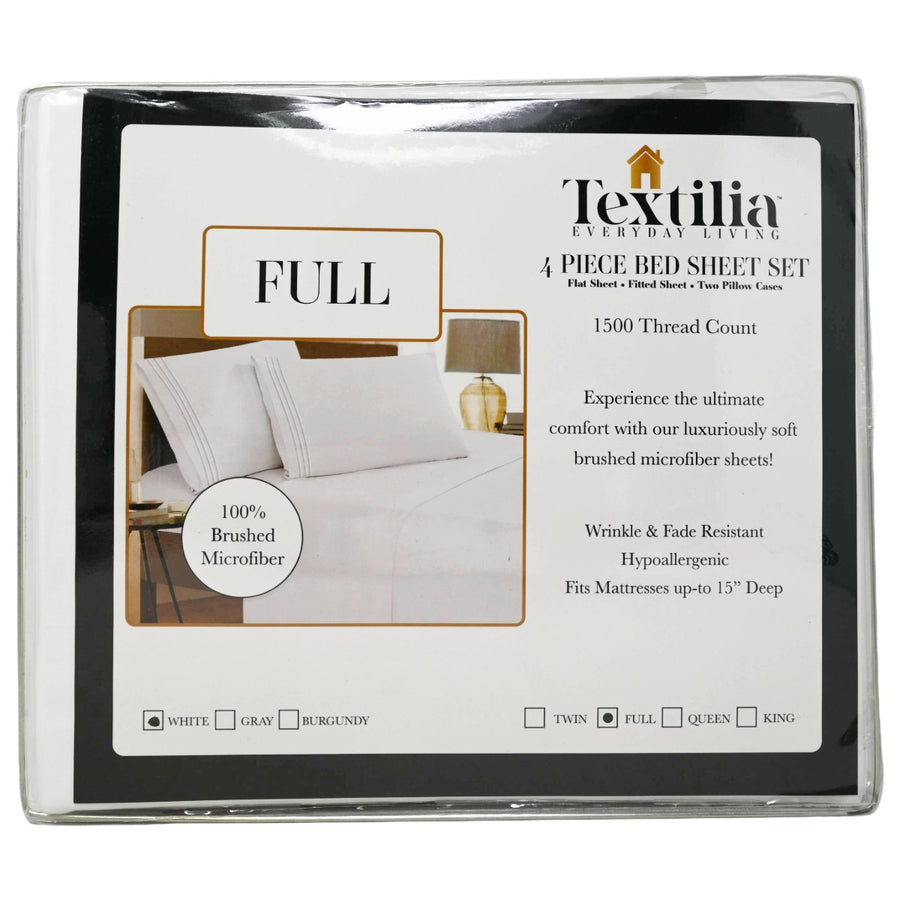 4pc White Full Sheet Set with Embroidered Pillow Cases (1500 Threat Count 100% Brushed Microfiber) C/P 12 Textilia Everyday Living