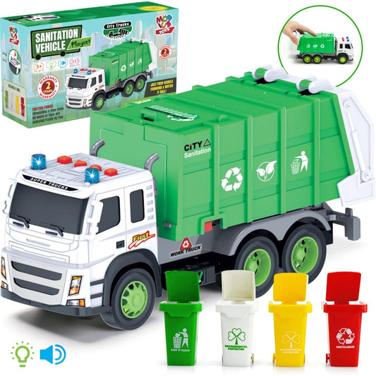 Garbage Truck Toy - Large 1:12 Scale w/Sounds, Lights & 4 Trash Cans C/P 8