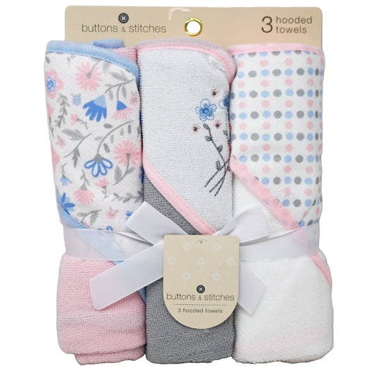 3pk ROLLED HOODED TOWEL - FRESH FLORALS C/P 24
