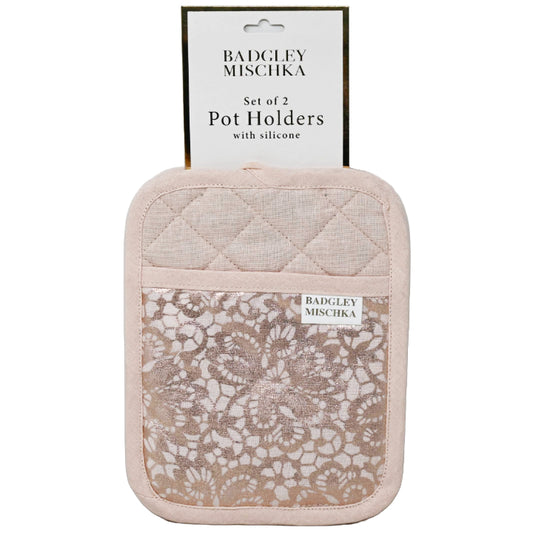 2pc Rose Silicone Grip Pot Holder wShining Floral Lace C/P 30