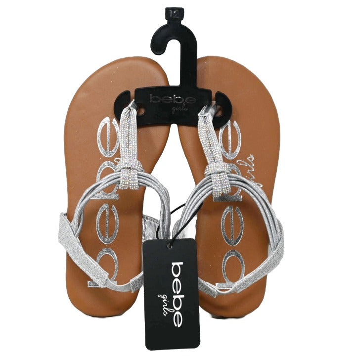 GIRLS SILVER THONG SANDAL wTUBULAR RHINESTONES & METALLIC BUNGEES BEBE 7-ASST SIZE C/P 12