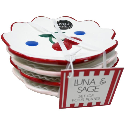 4pc CERAMIC WHT CHERRY BERRY PLATE SET LUNA & SAGE C/P 8
