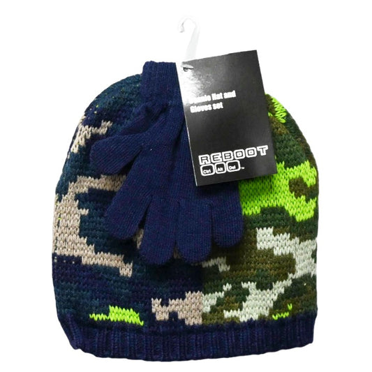 2pc Boys Blue Green Camo Hat Glove Set C/P 36