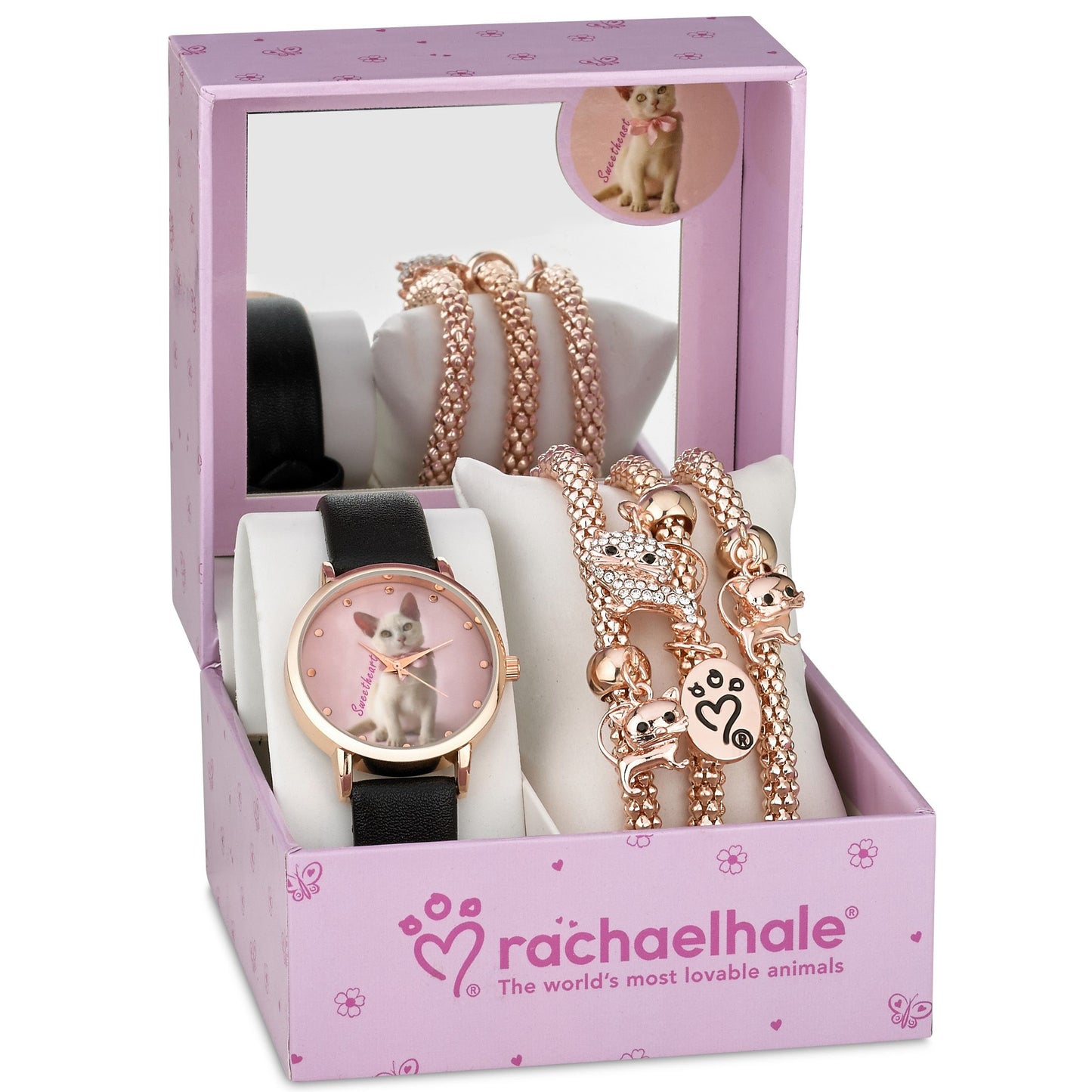 8.5" ADJ. MINI WATCH W/3 ROSE GOLD STRETCH CAT MOTIF CHARM BRACELETS RACHAEL HALE C/P 30