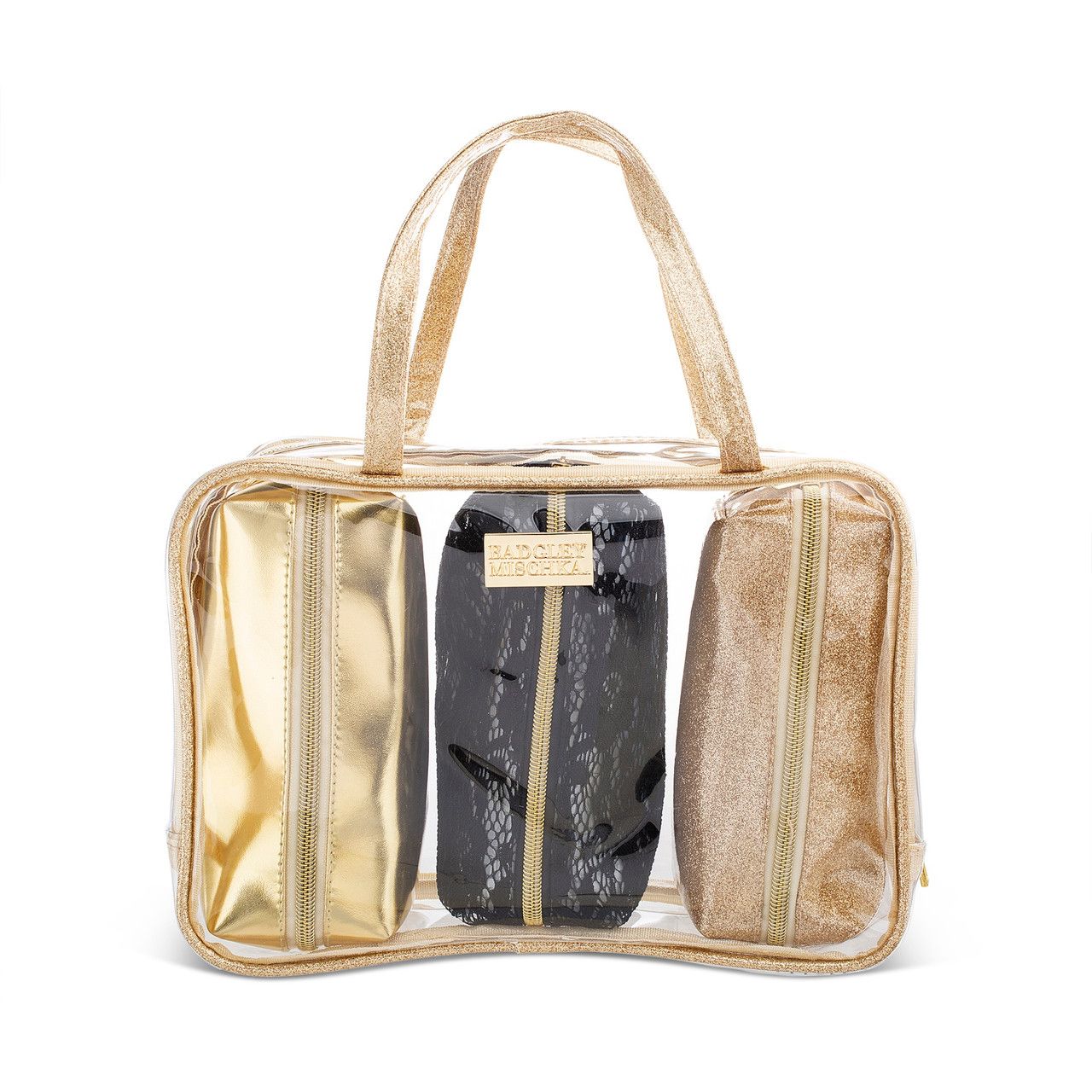 4pc CLEAR/GOLD PVC, METALLIC PU, LACE AND GLITTER PVC POUCH NESTED ORGANIZER COSMETIC BAG SET BADGLEY MISCHKA C/P 20