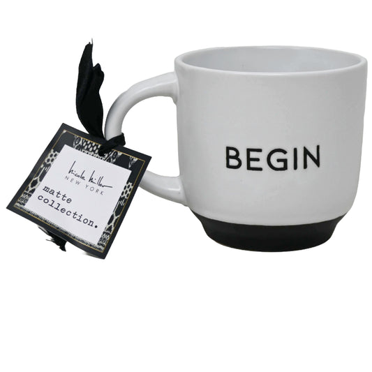 Matte Mug wDebossed "Begin" on Outside wContrast Foot Nicole Miller C/P 36