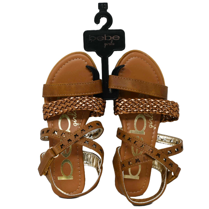 BEBE GIRLS BROWN STACK HEEL SANDAL W/METALLIC WEAVED STRAP AND BUTTERFLY CHOP OUT ASST SIZEE C/P 12